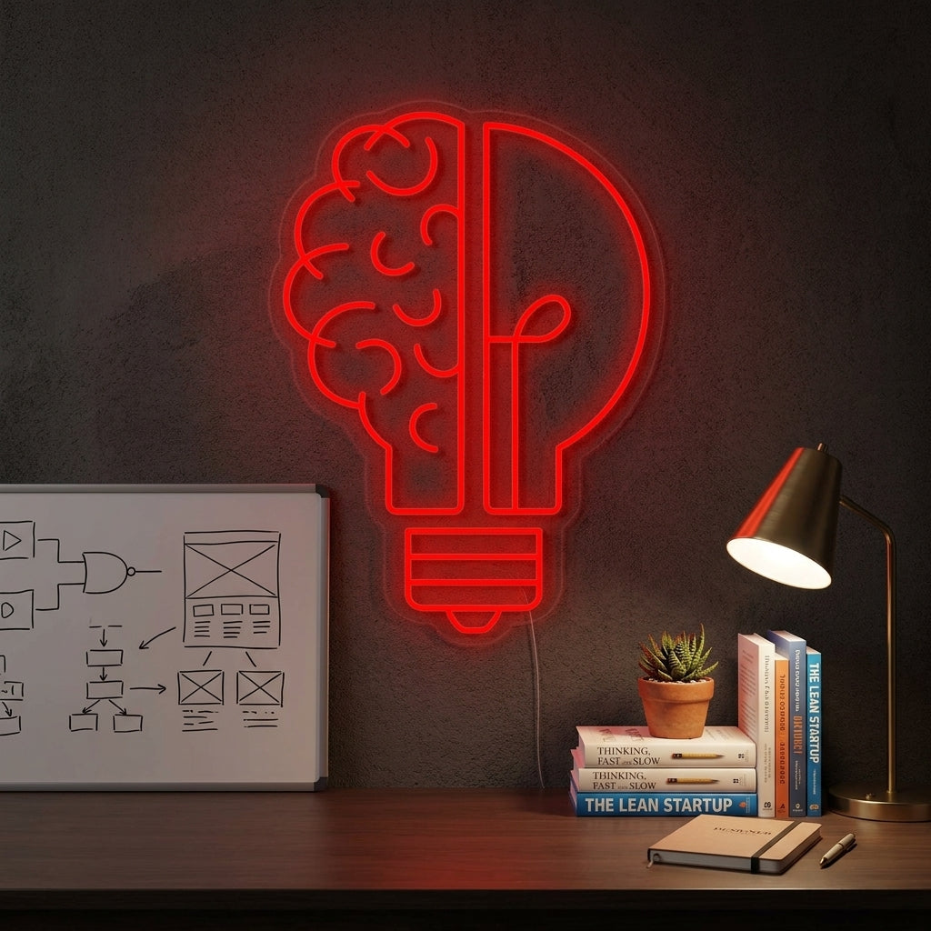 "Gute Idee Hirnbirne" Neonschrift