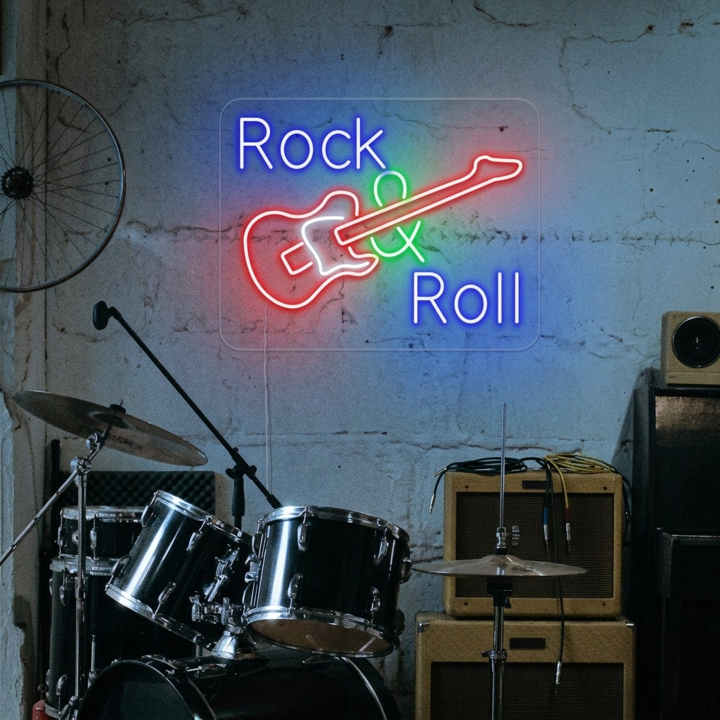 "Rock And Roll, Musik, Gitarre" Neonschrift