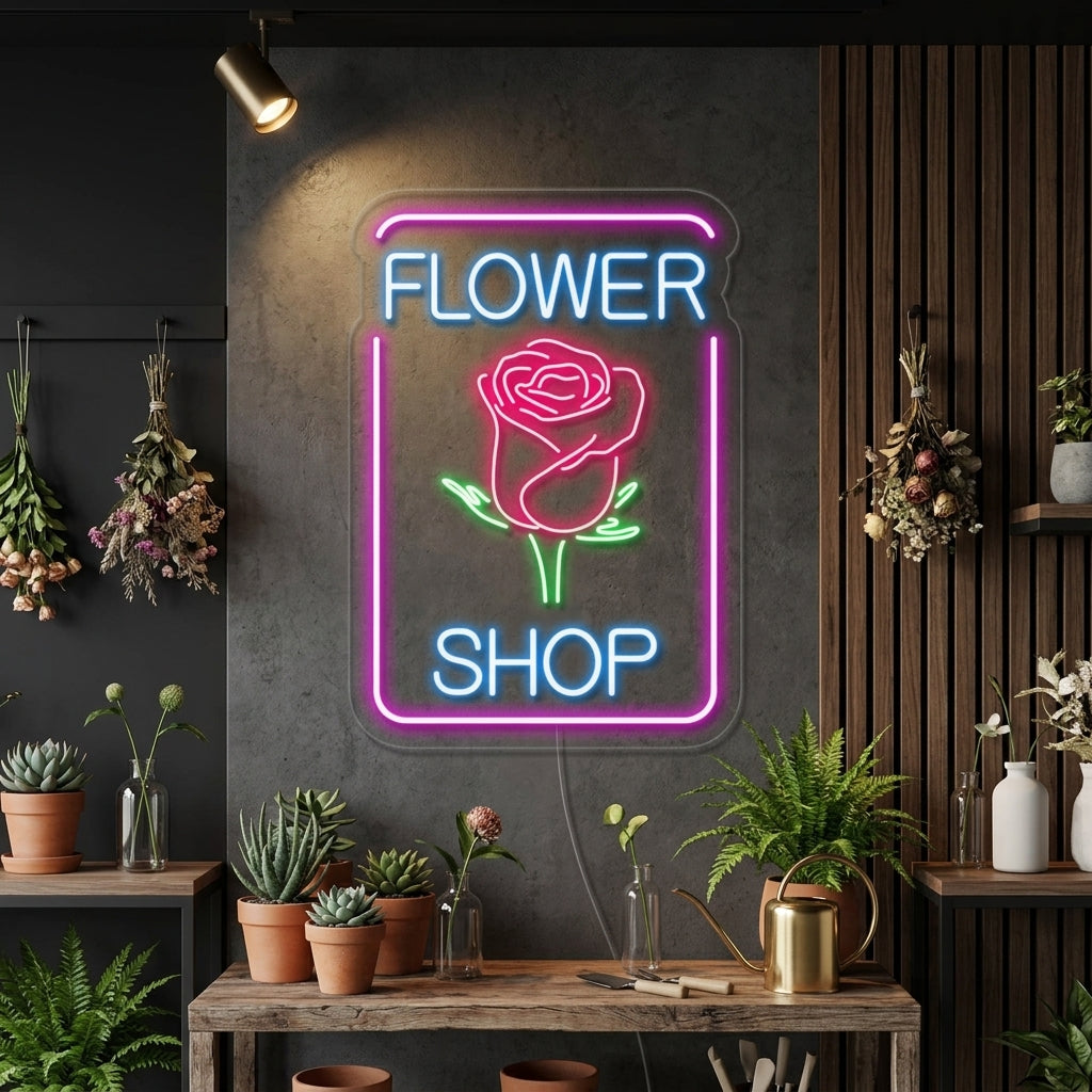 "Rose, Flower Shop" Neonschrift