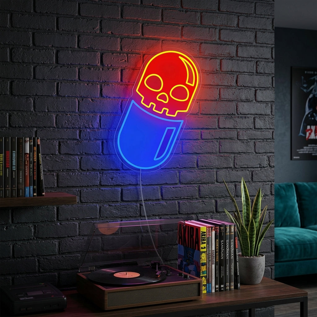 "Schädel Pille UV-Druck" Neonschrift