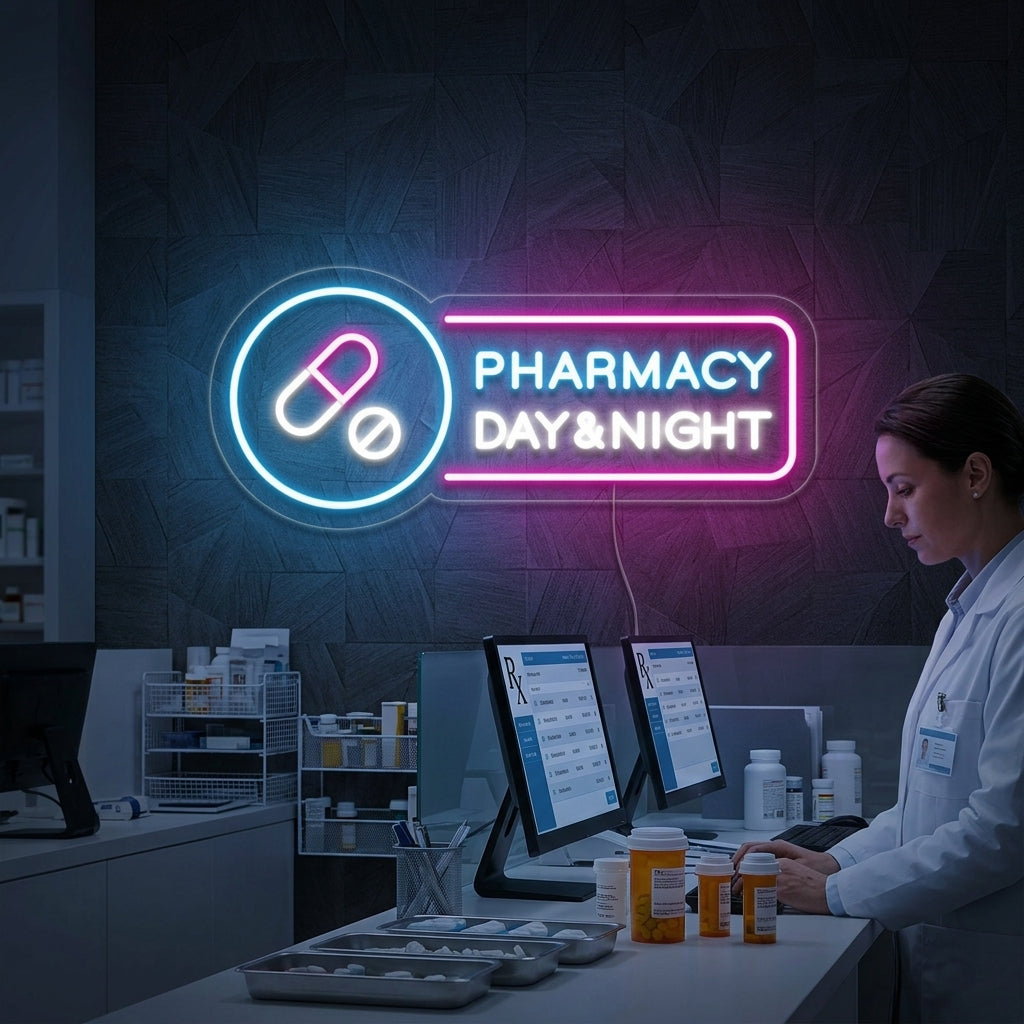 "Pharmacy Day Night" Neonschrift