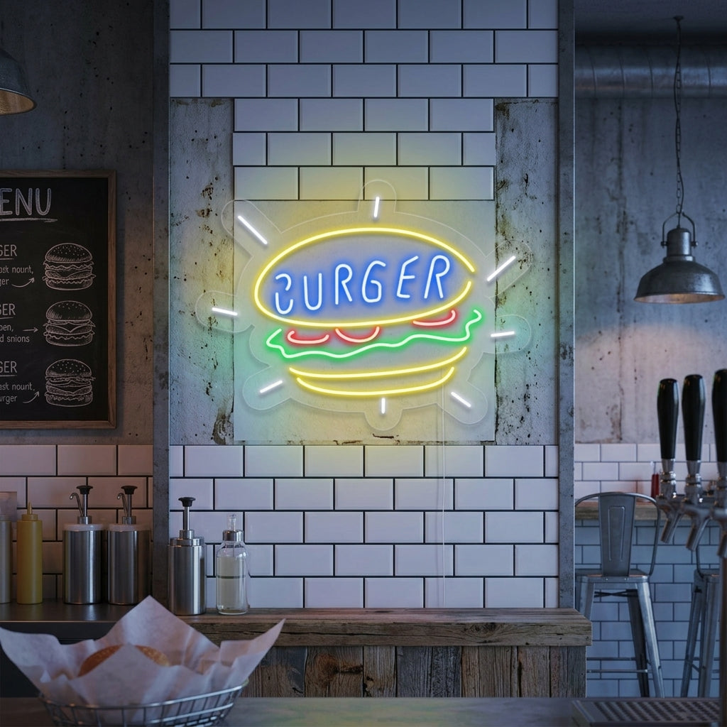 "Burger, Lebensmittelgeschäft" Neonschrift