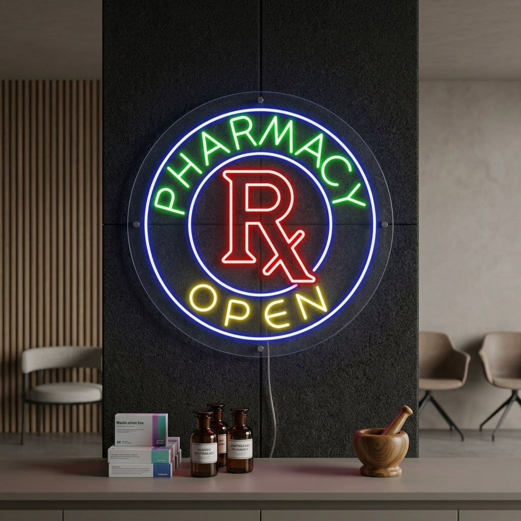 "Pharmacy Open" Neonschrift