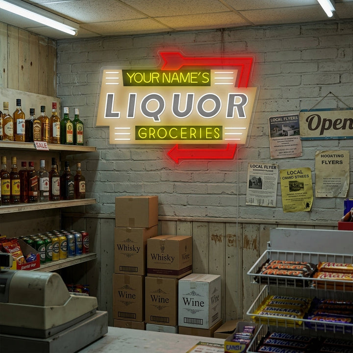 "Custom Liquor Groceries" Neonschild