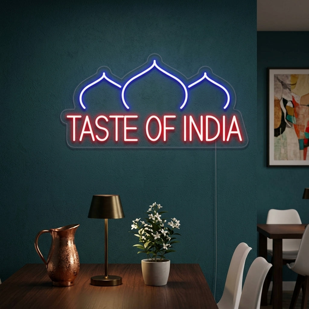 "TASTE OF INDIA, Restaurant, Zwiebel" Neonschrift