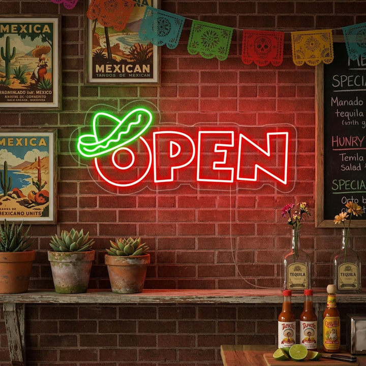 "open, Mexikanisches Essen" Neonschrift