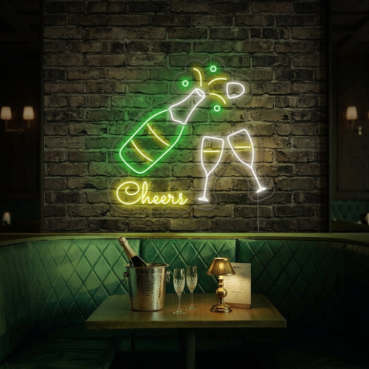 "Champagnerflasche, Champagnergläser, Cheers" Neonschrift