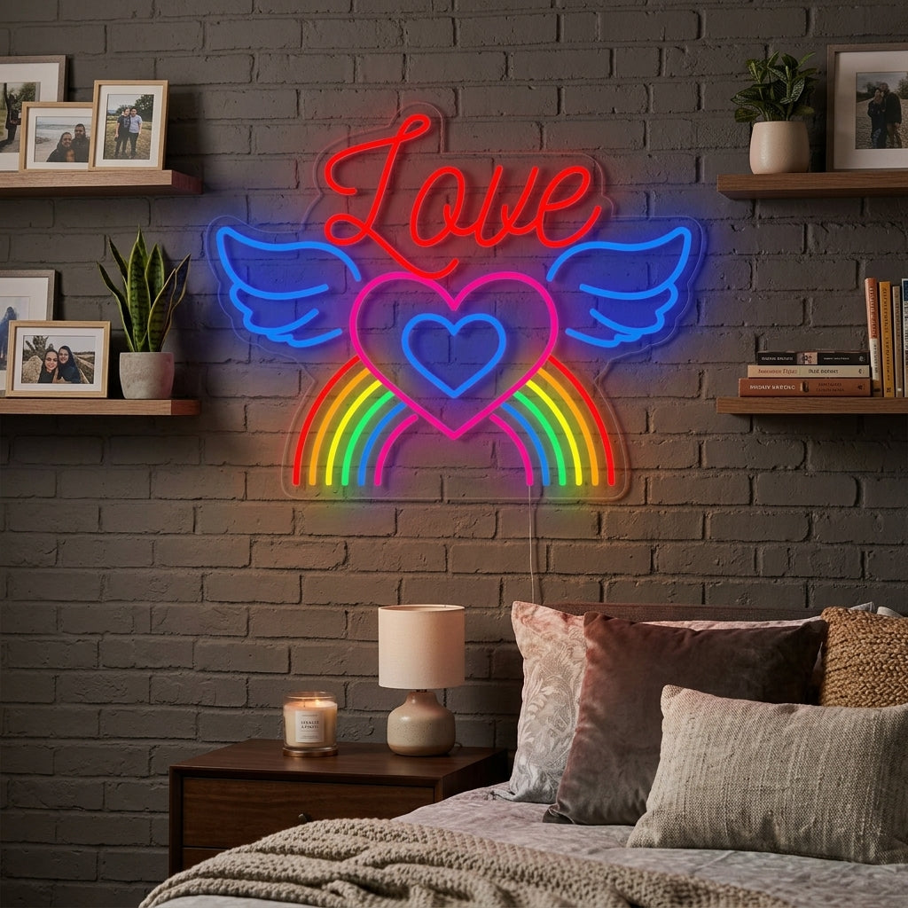 "LGBT LOVE, Regenbogen, Flügel" Neonschrift