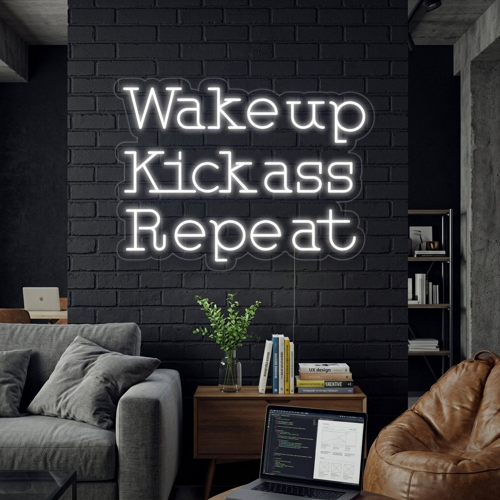 "Wake Up Kick Ass Repeat" Neonschrift