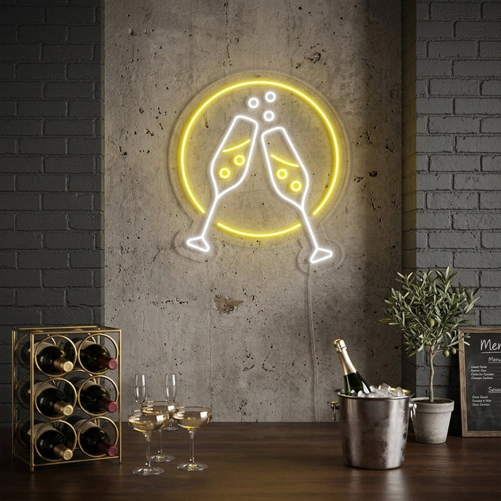 "Champagnergläser, Prost" Neonschrift