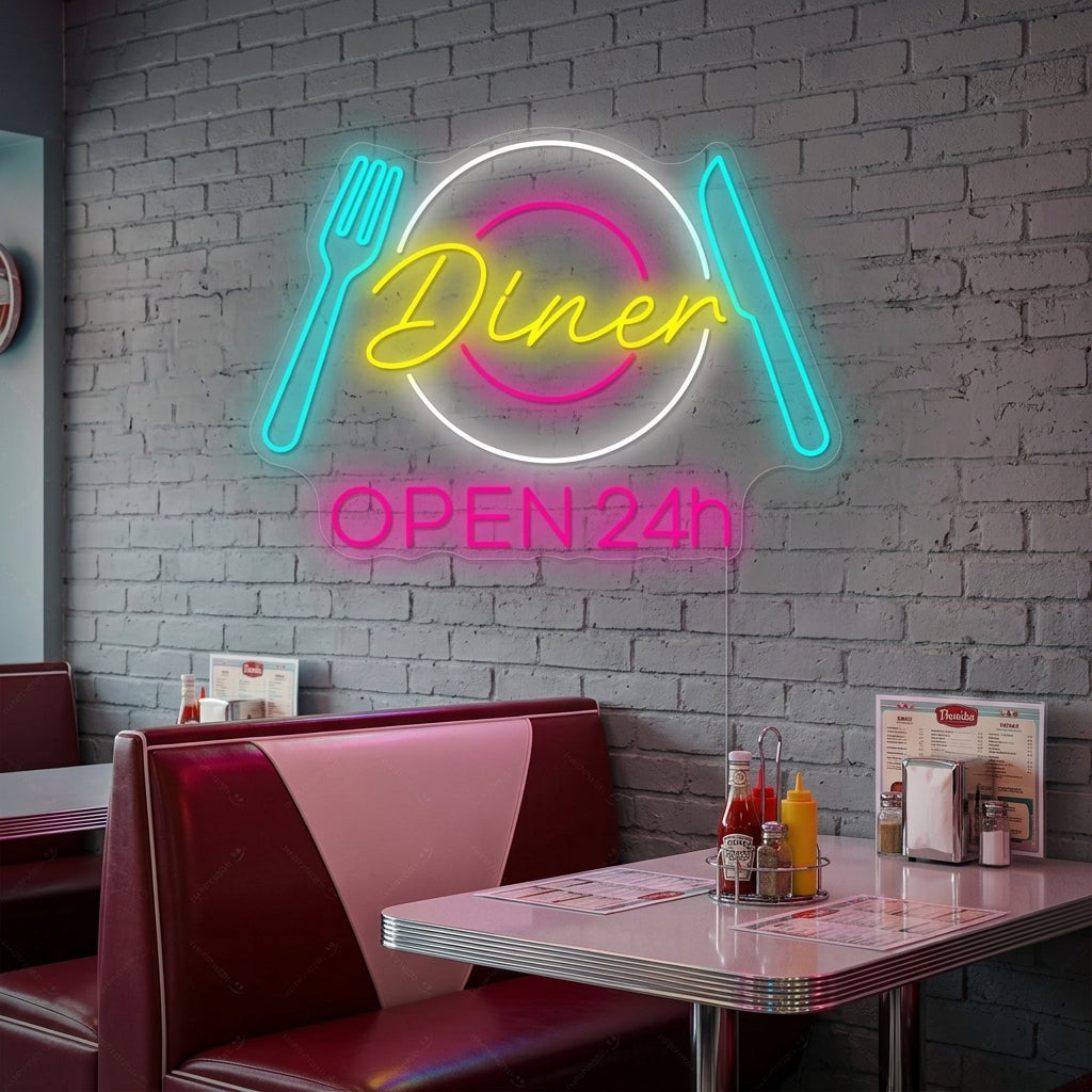 "Diner Open 24h" Neonschild, Diner Leuchtreklame