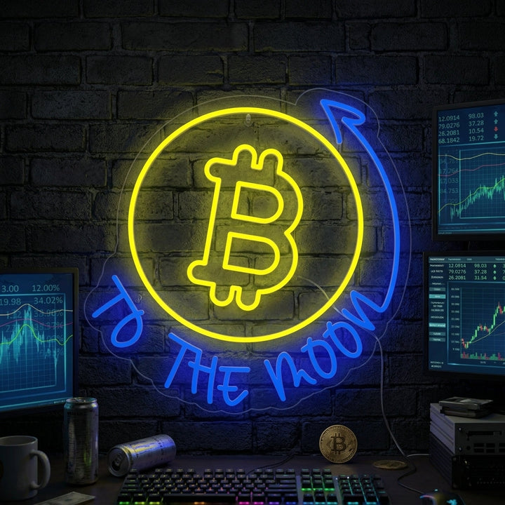 "Bitcoin to the Moon" Neonschrift