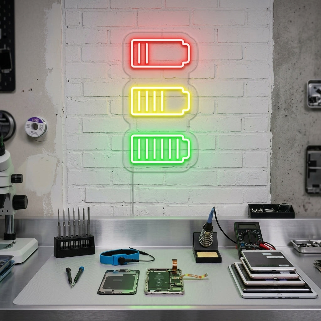 "Batteriestand" Neonschrift