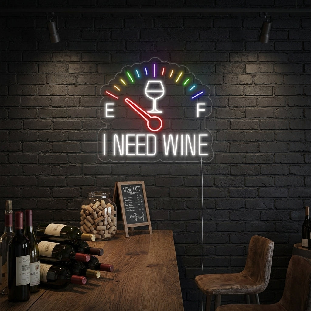 "I Need Wine Uhr" Neonschrift