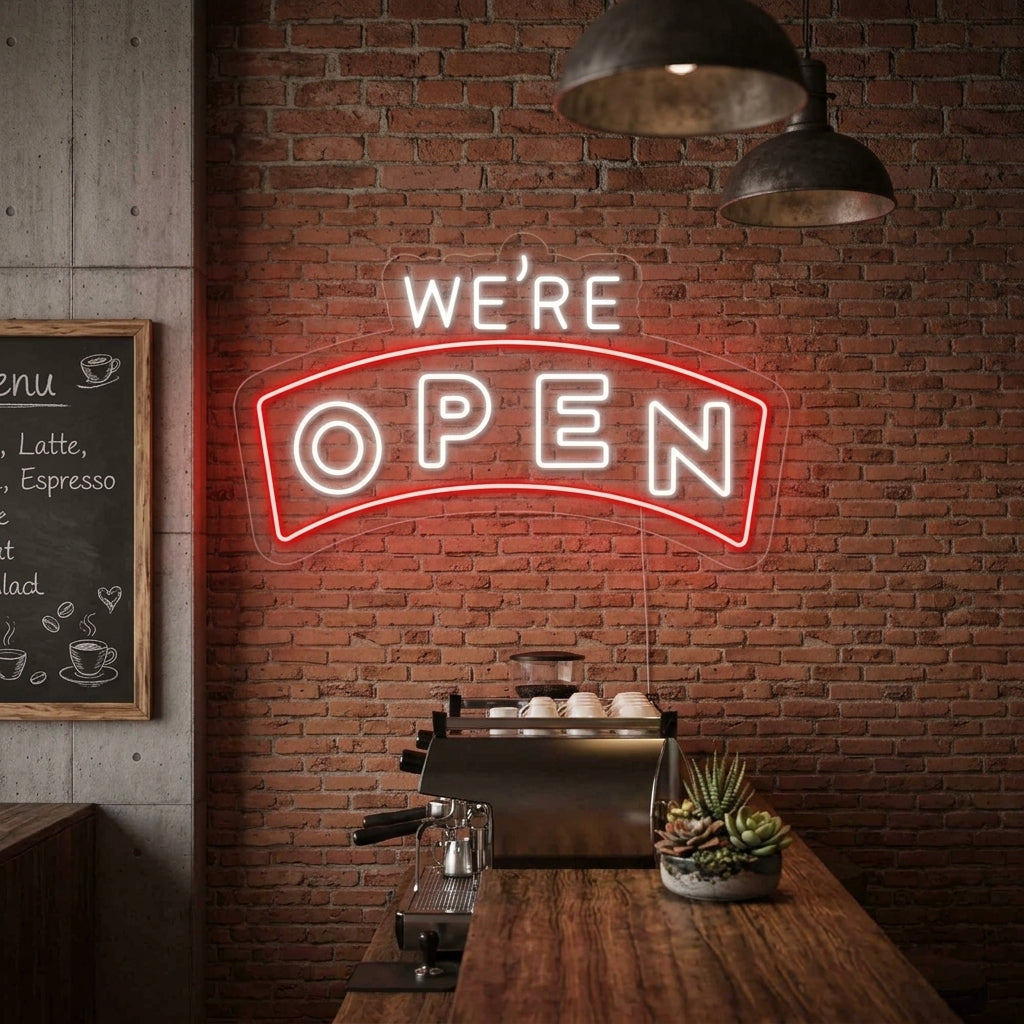 "We Are Open" Neonschrift