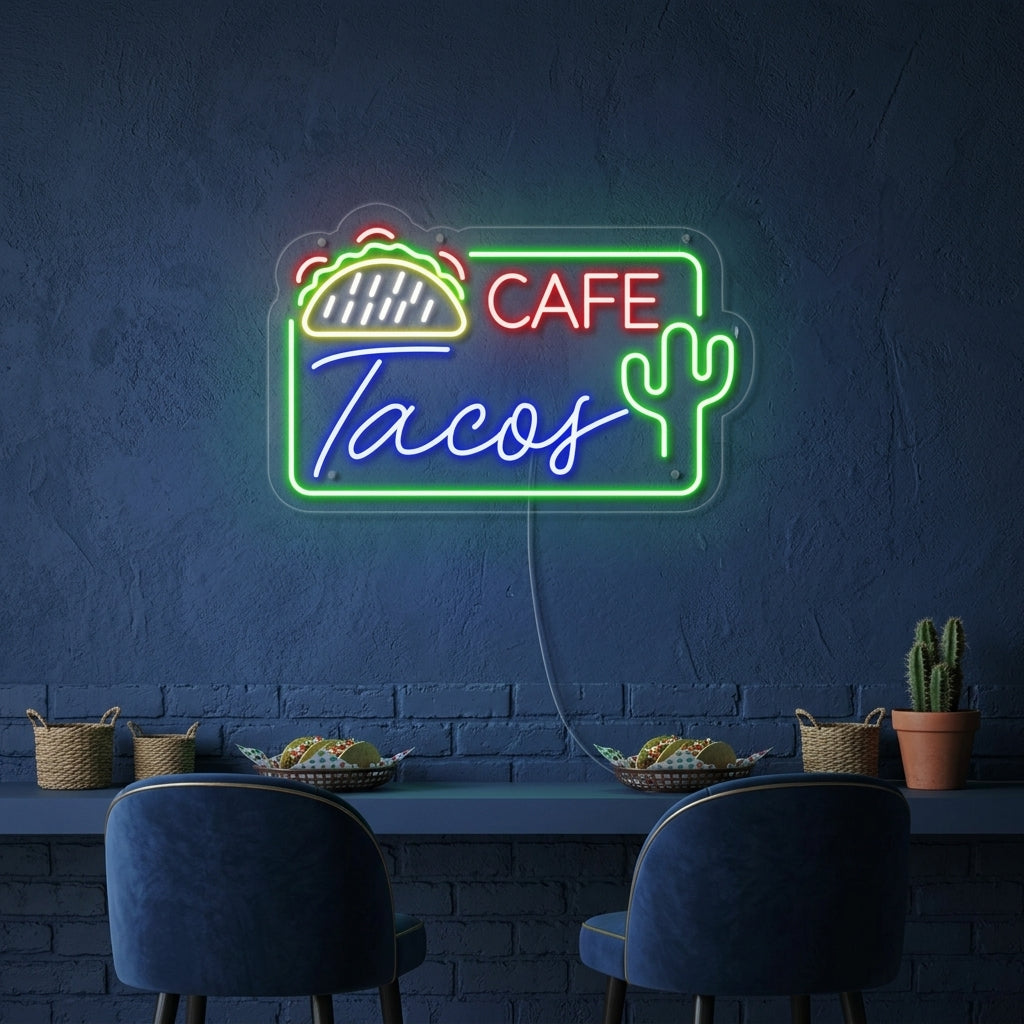 "CAFE TACOS, Mexikanisches Essen" Neonschrift