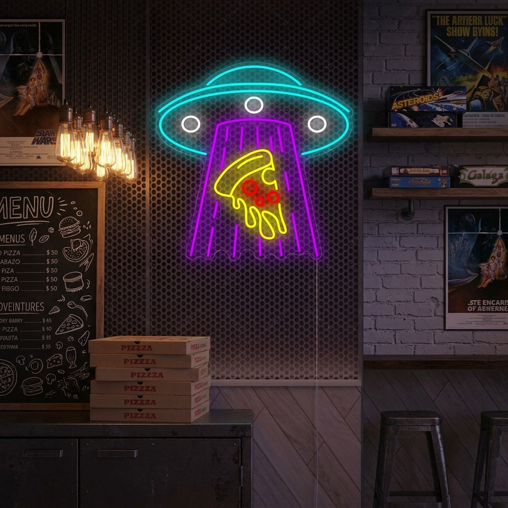 "Ufo-Entführung Pizza" Neonschild, Pizza Leuchtreklame, Pizza Leuchtschild