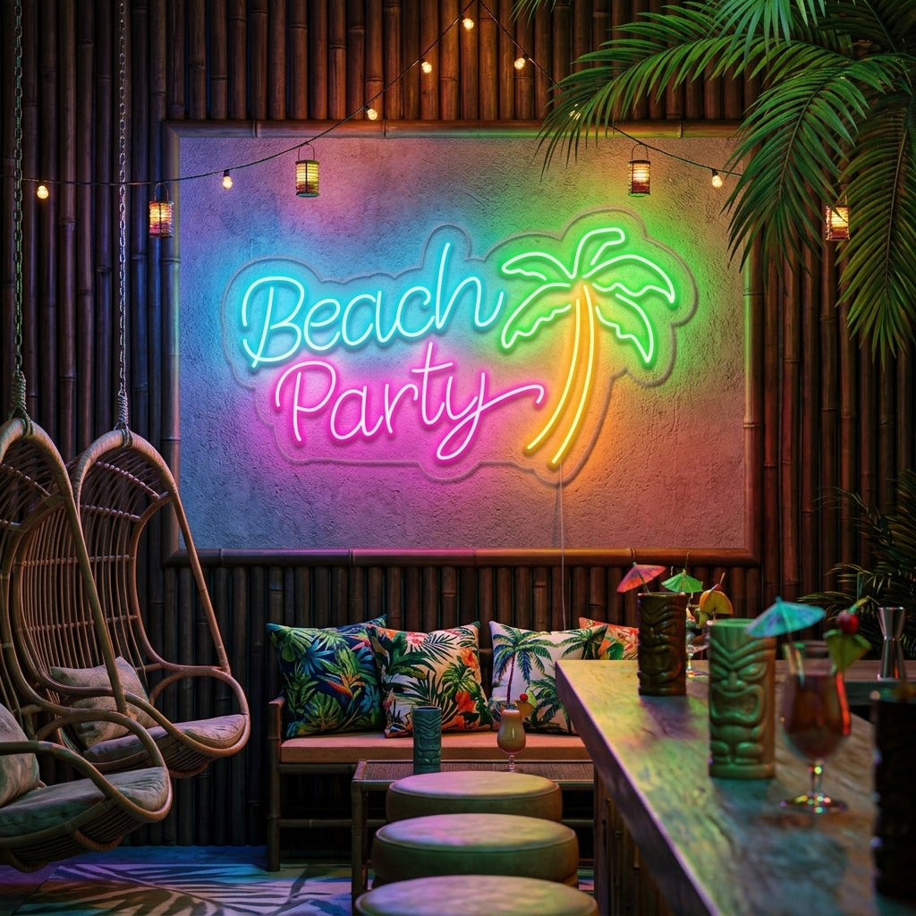 "Beach Party, Palme" Neonschrift