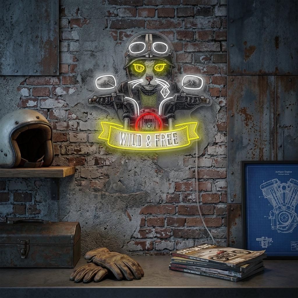 "Katze und Motorrad" Neonschild
