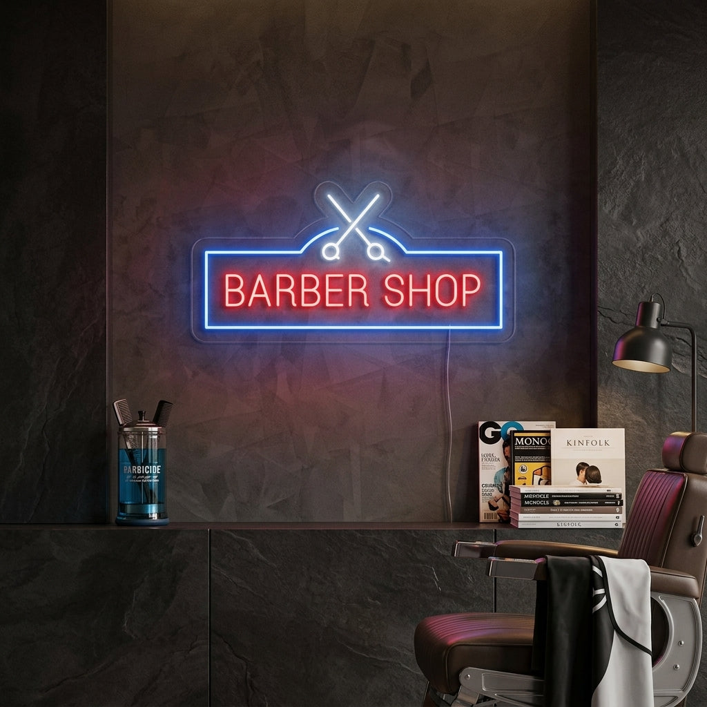 "Barber Shop, Friseurschere" Neonschrift, Barbershop Leuchtreklame, Barbershop Leuchtschild