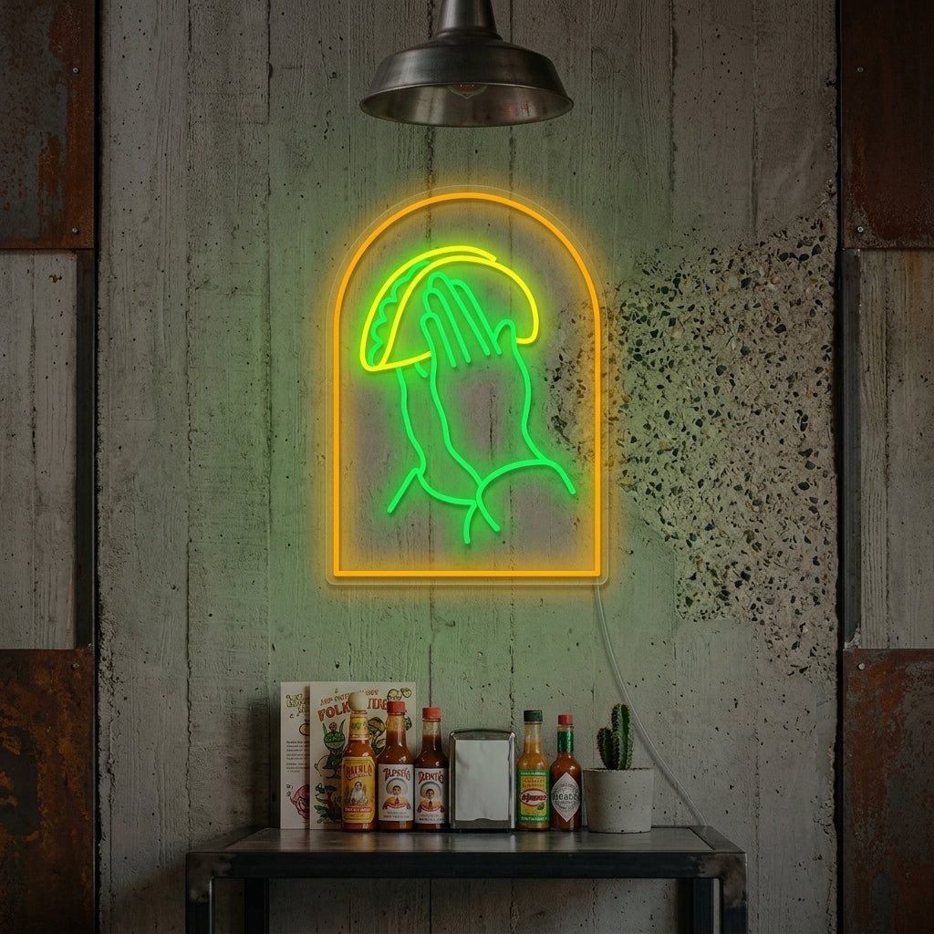 "Betende Hände mit Tacos" Neonschild