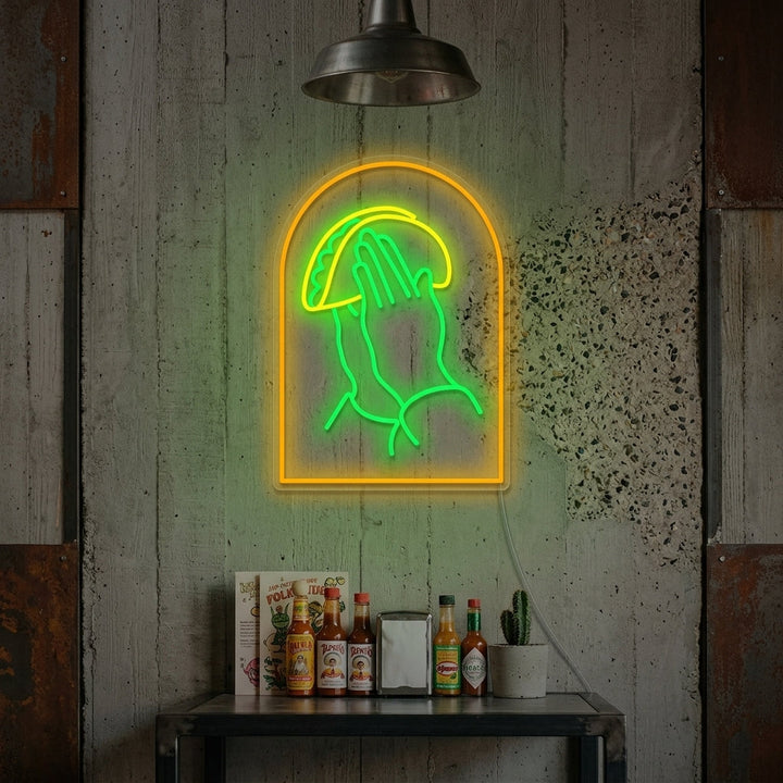 "Betende Hände mit Tacos" Neonschild