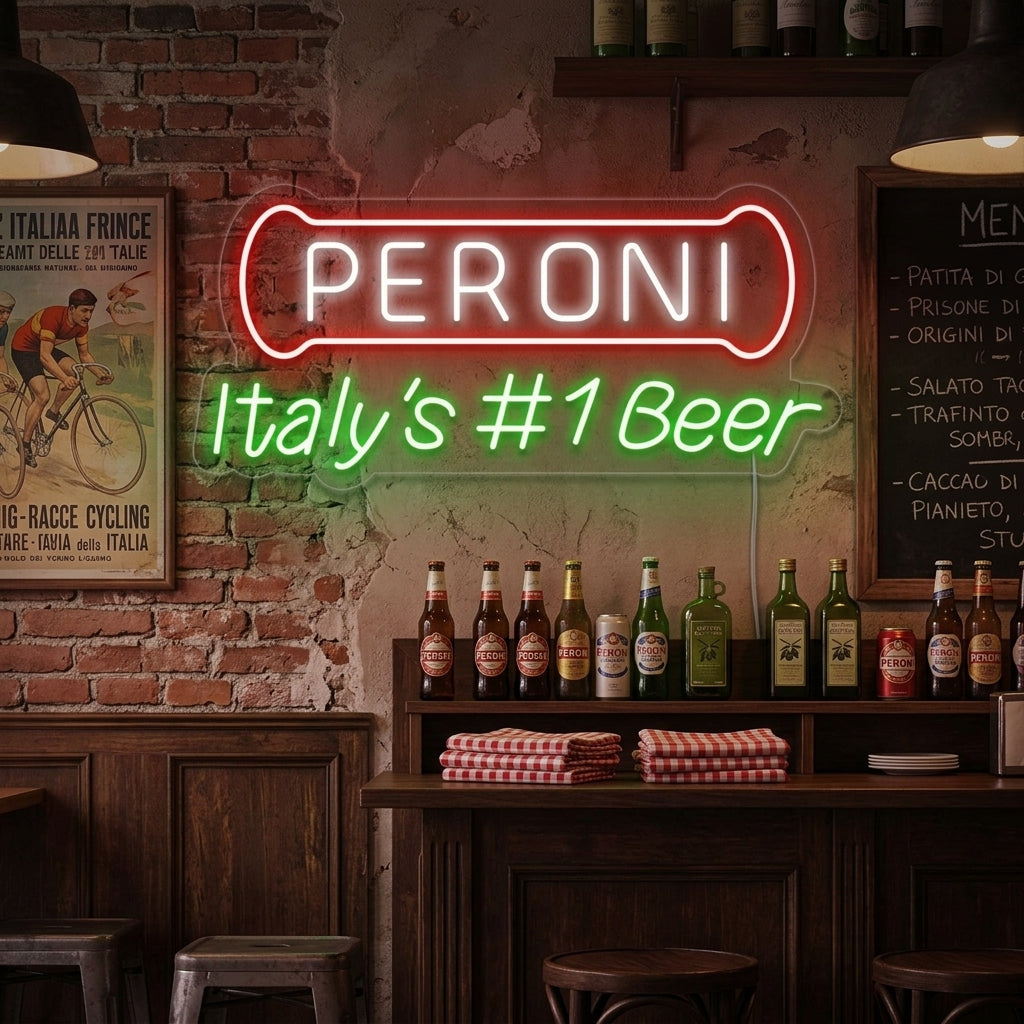 "Italy Beer Peroni Bar" Neonschrift