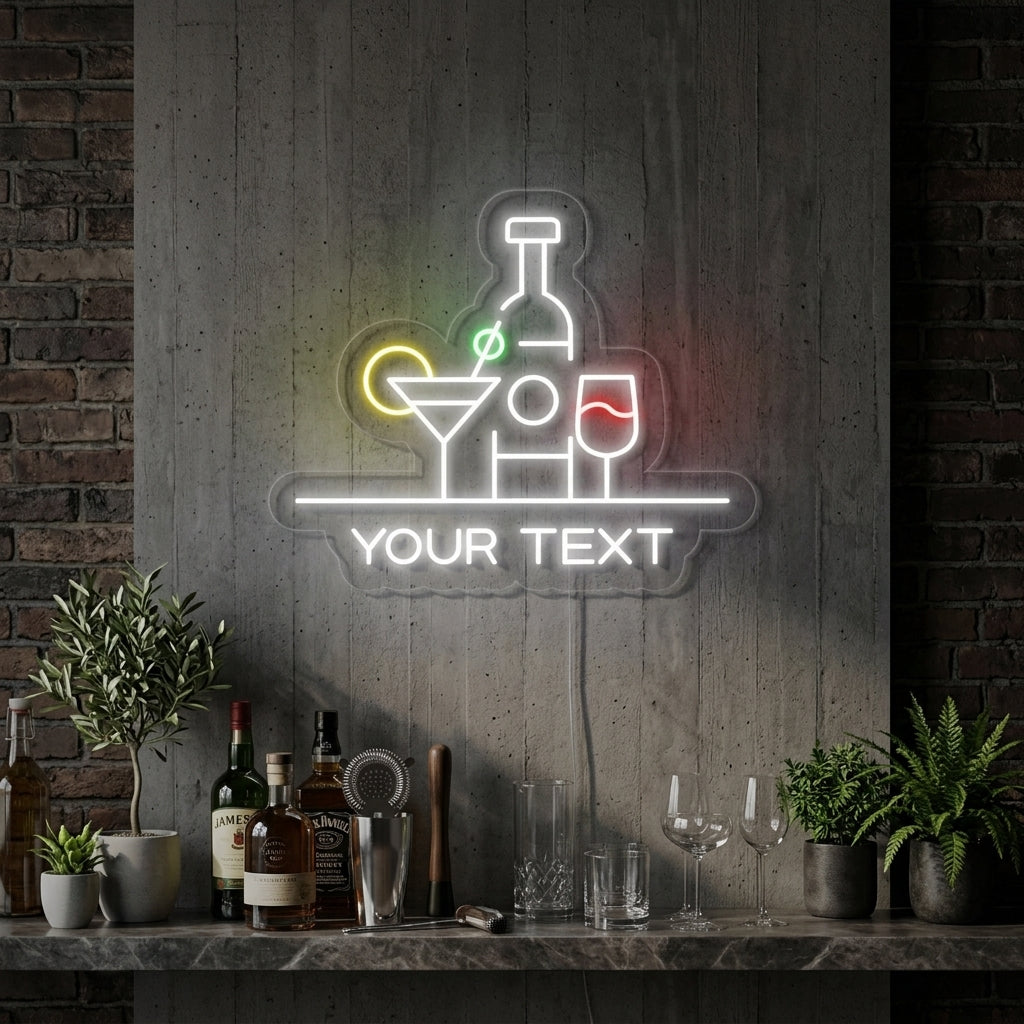 "Flaschen, Cocktails, Bar" Neonschrift, Cocktailschild, Cocktail Leuchtreklame