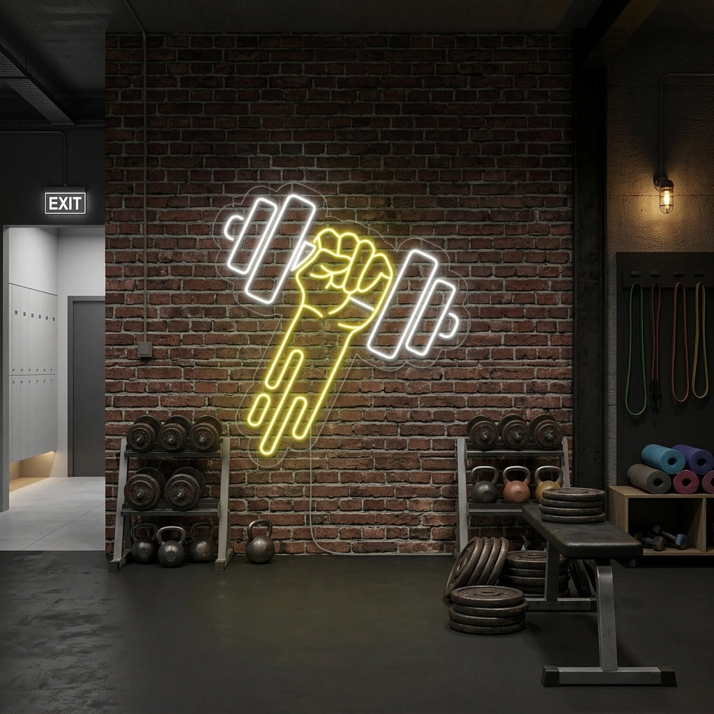 "Fitnessstudio Hantel" Neonschrift, Gym Leuchtreklame, Homegym Deko
