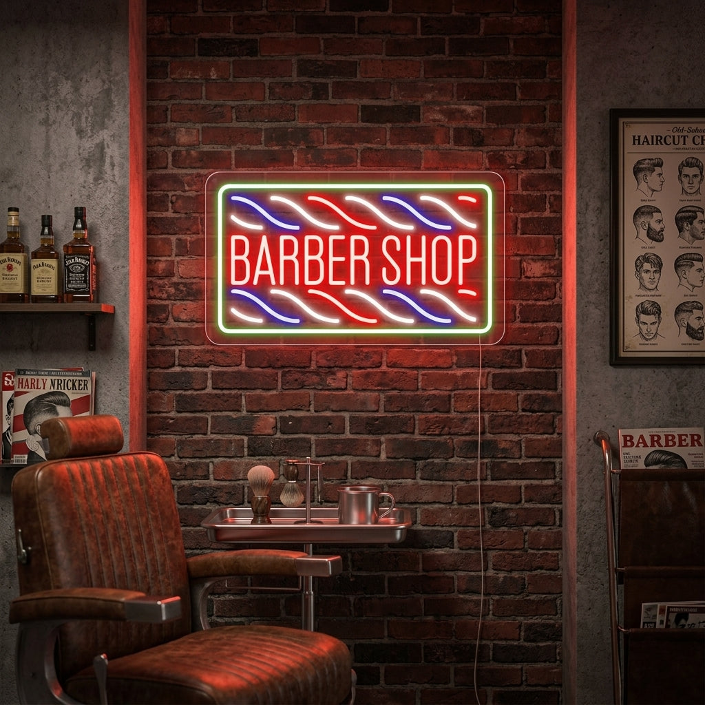 "Haarschnitt, Barber Shop" Neonschrift, Barbershop Leuchtreklame, Barbershop Leuchtschild