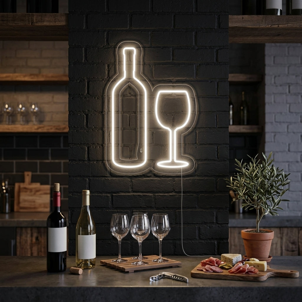 "Weinflasche, Weinglas" Neonschrift