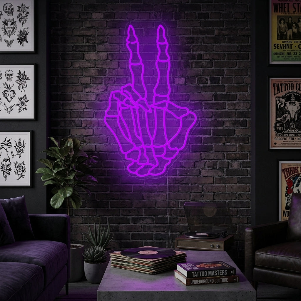 "Skelett Schädel Hand Macht Friedensgeste" Neonschrift