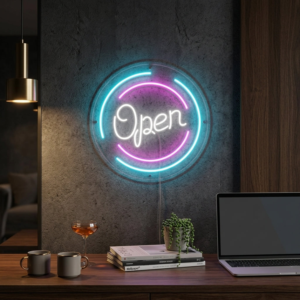 "Schriftzug "Open" In Kreisen" Neonschrift