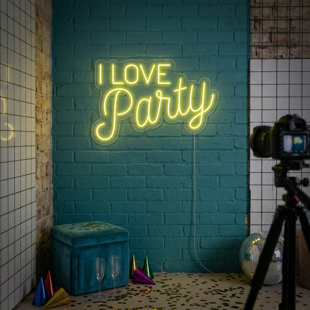"I Love Party" Neonschrift