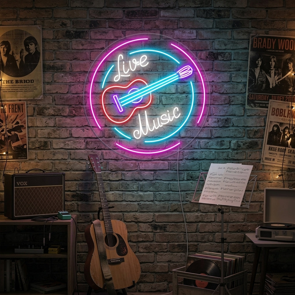 "Live Music, Gitarren" Neonschrift