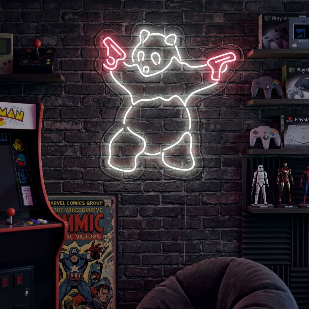 "Panda, Waffe" Neonschrift