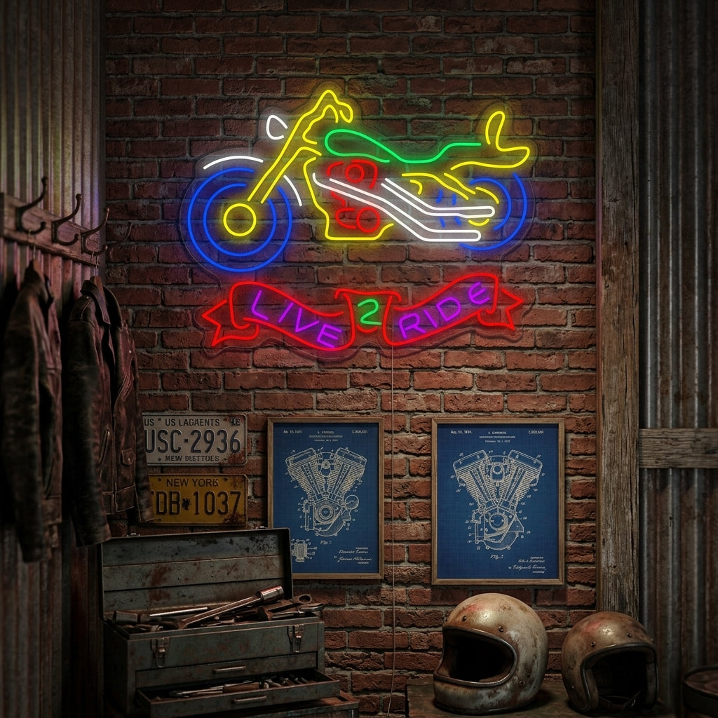 "Live 2 Ride, Motorrad" Neonschrift