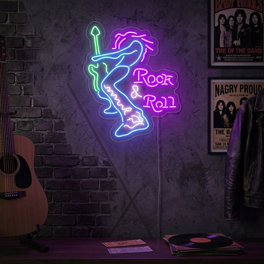 "Rock And Roll, Elektrischer Gitarrist" Neonschrift
