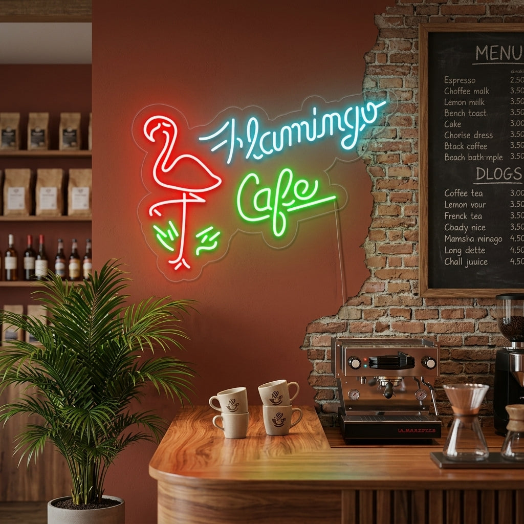 "Flamingo Cafe, Geschäft" Neonschrift