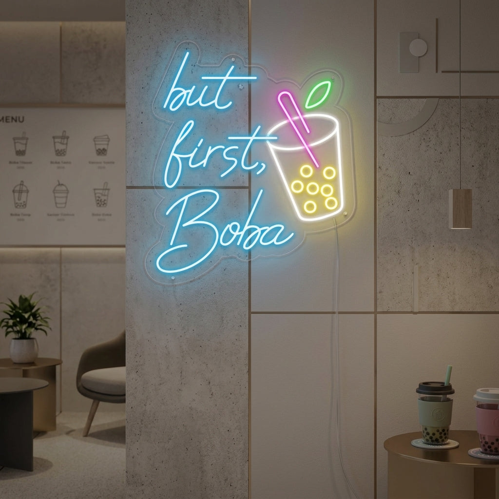 "Tasse, But First Boba" Neonschrift