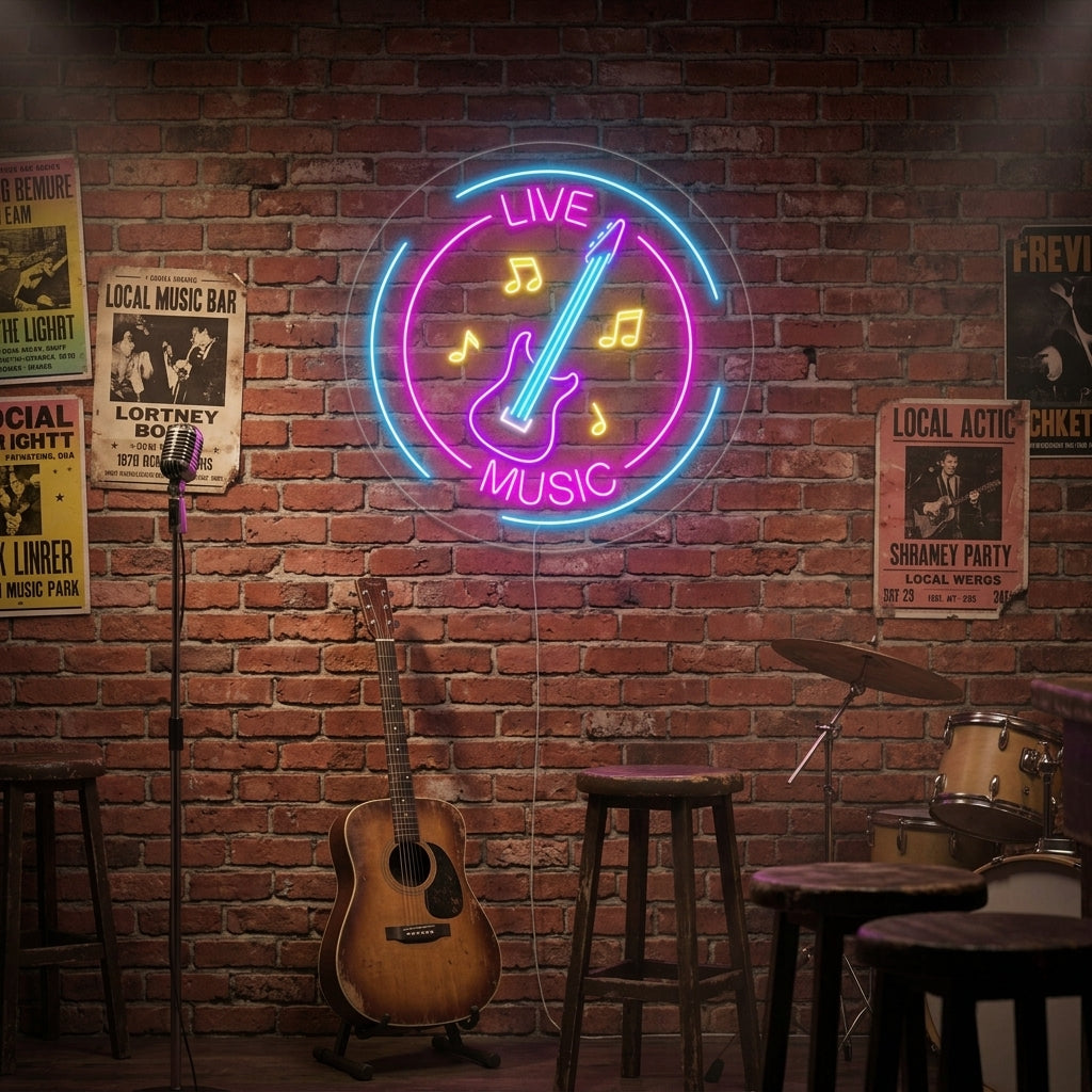 "Live Music, Musiknoten, Gitarre" Neonschrift