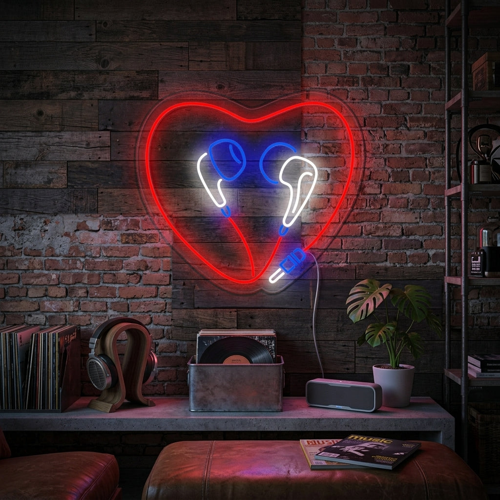 "Herz-Kopfhörer" Neonschrift
