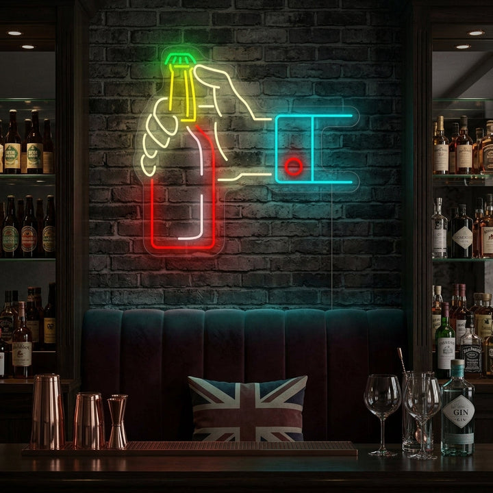 "Hand öffnet Bierflasche" Neonschild