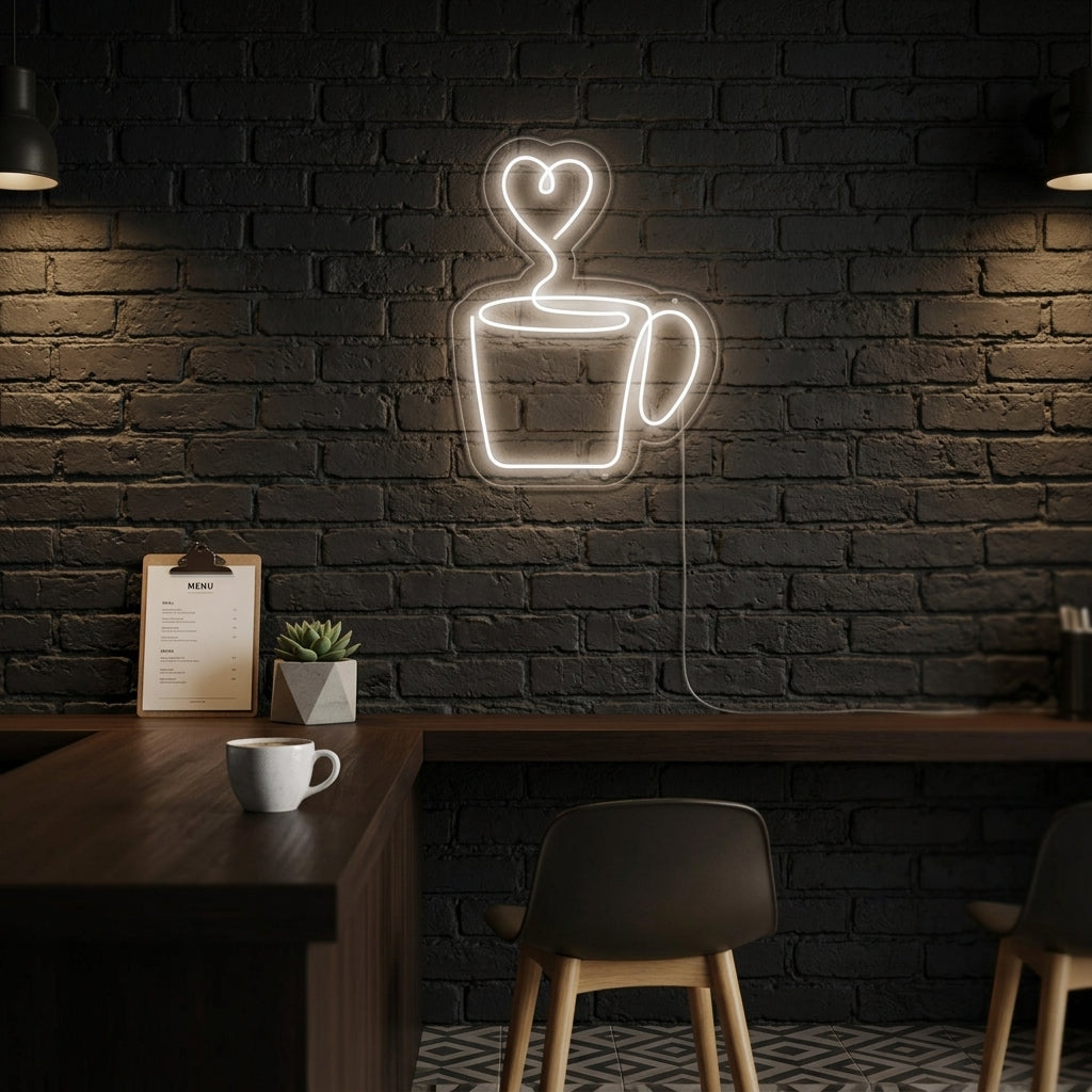 "Herzförmig, Kaffeetasse" Neonschrift