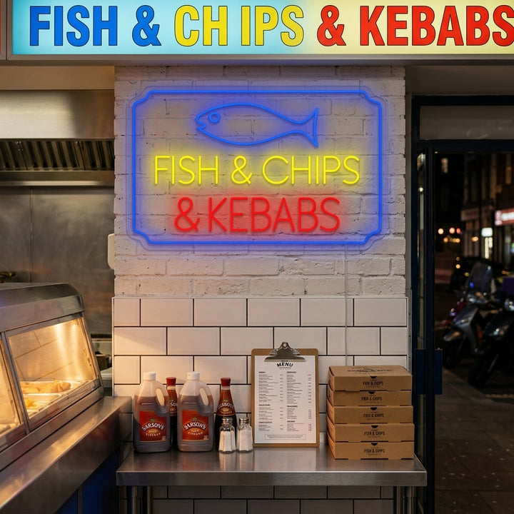 "Fish Chips Kebabs" Neonschild