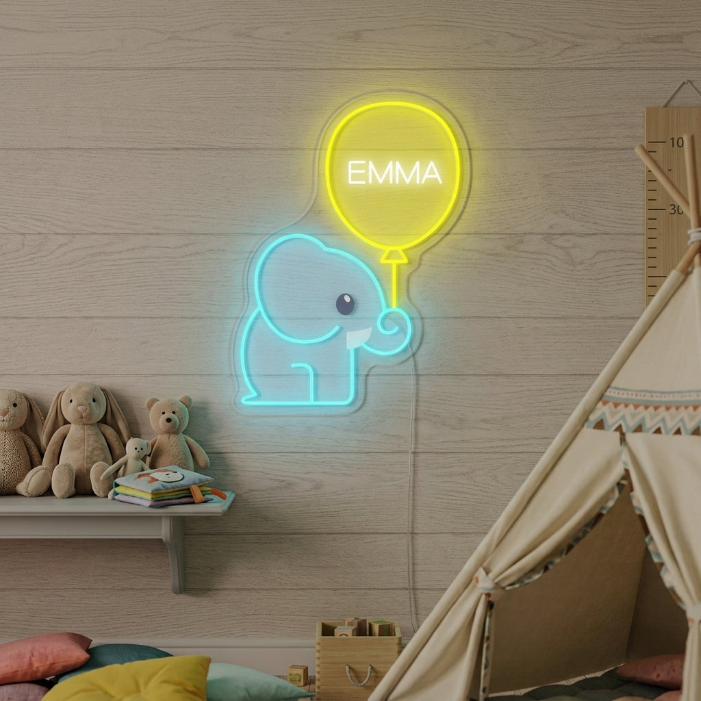 "Angepasster Name Mit Elefant Und Ballon, Kinderzimmerdekoration" Neonschrift