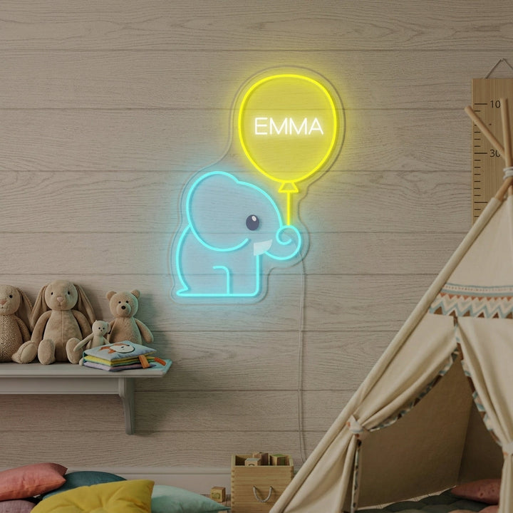 "Angepasster Name Mit Elefant Und Ballon, Kinderzimmerdekoration" Neonschrift