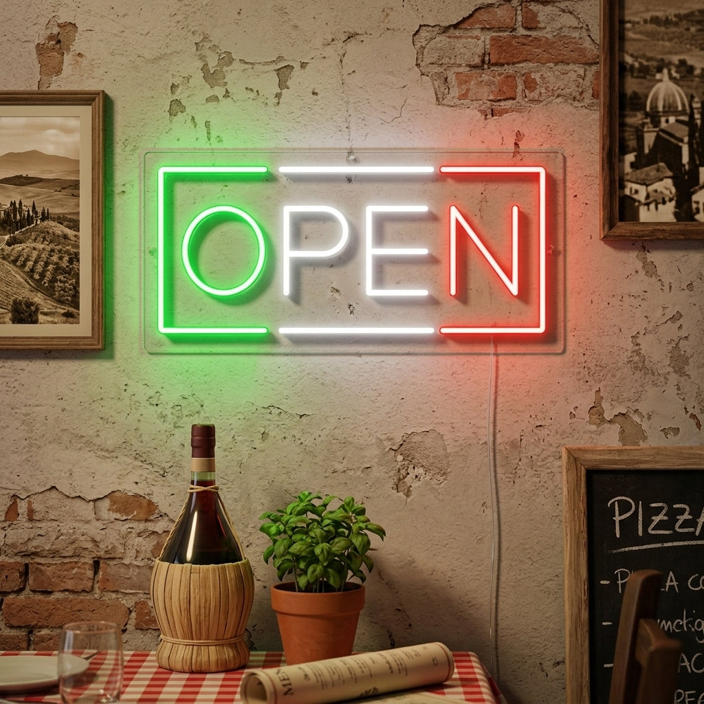 "open, Italienisches Restaurant" Neonschrift