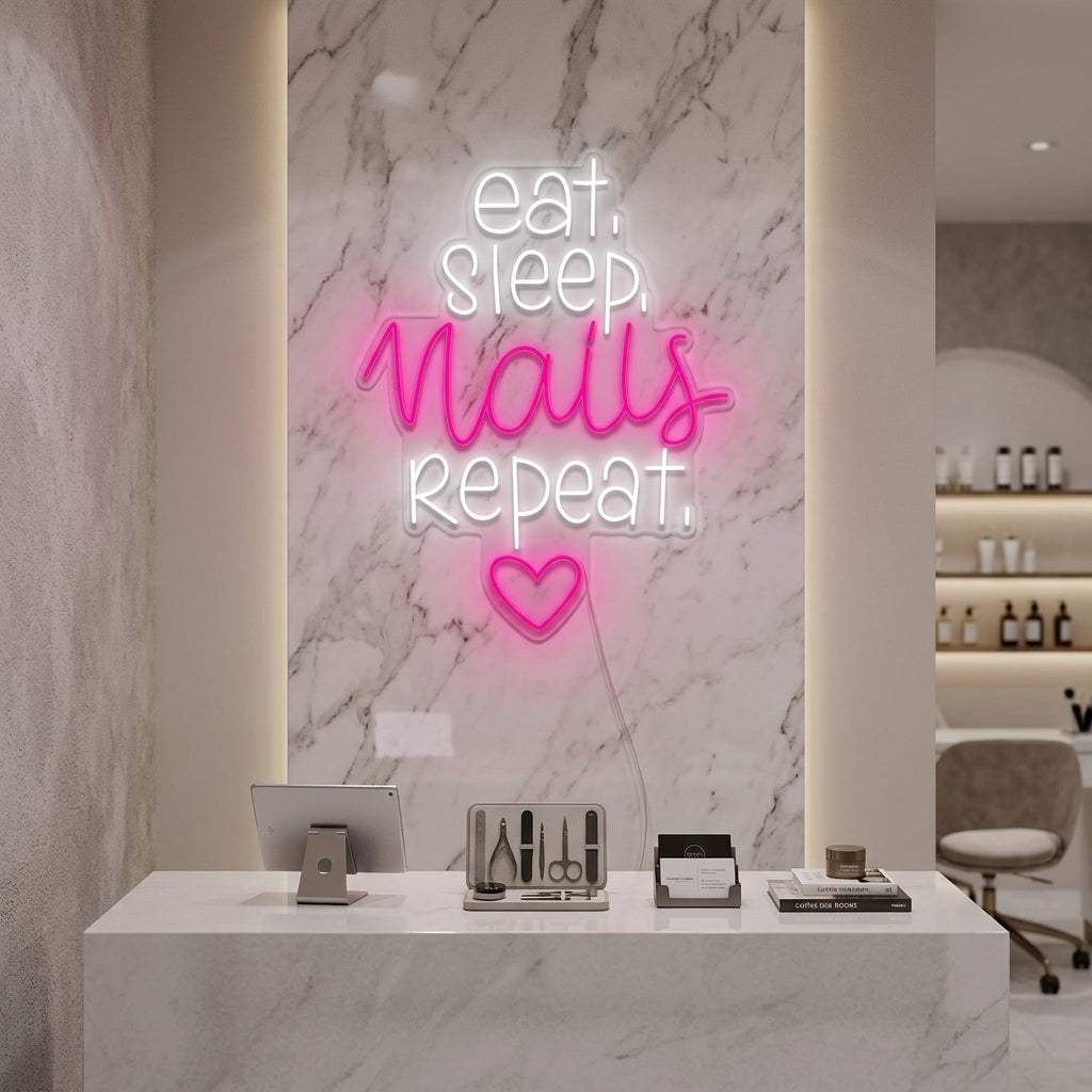"Nägel Studio Eat Sleep Nails Repeat" Neonschrift