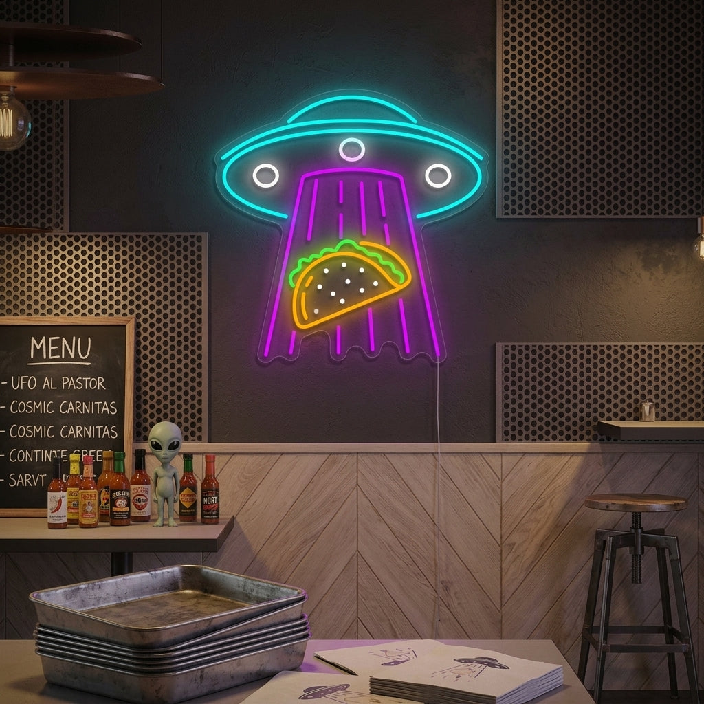 "Ufo entführt Tacos" Neonschild